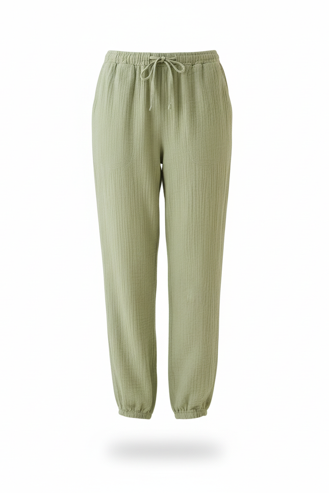 Pantalon En Lin Vert Ample Cordon Fluide Femme - vue 3