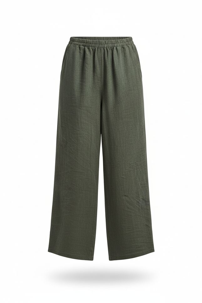Pantalon En Lin Vert Ample Taille Élastique Femme Fluide - Kaki - vue 3