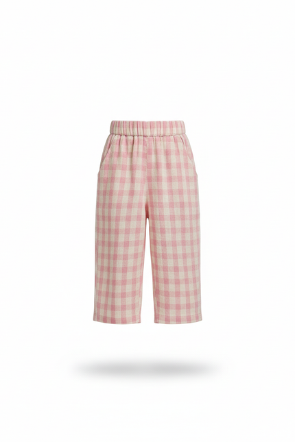 Pantalon En Lin Rose Carreaux Ample Décontracté Fille - vue 3