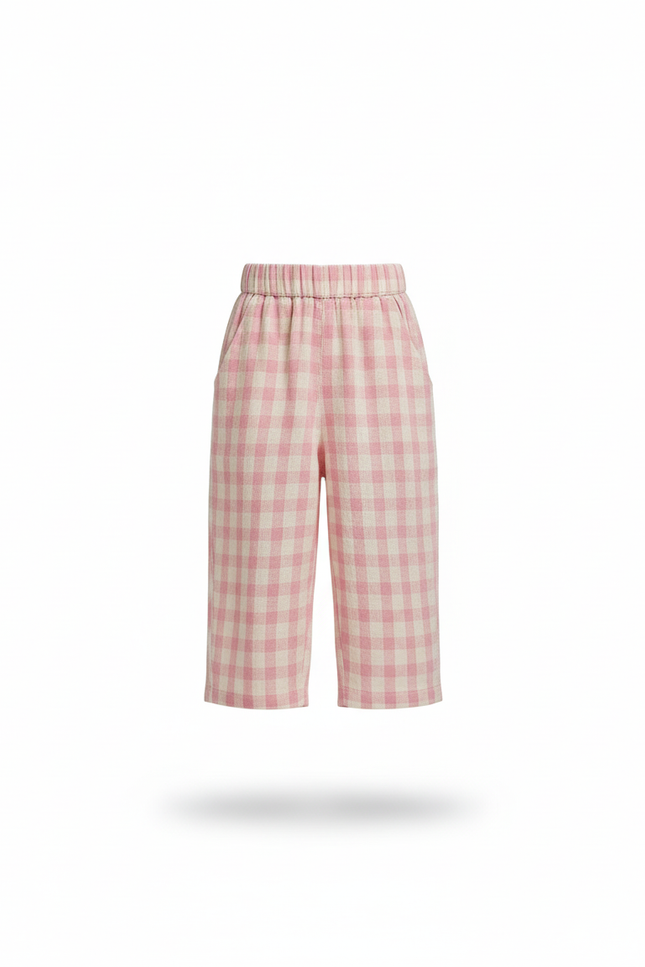 Pantalon En Lin Rose Carreaux Ample Décontracté Fille - vue 3
