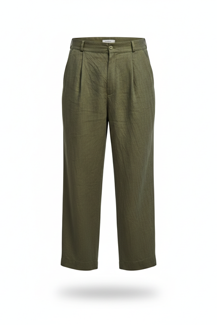 Pantalon En Lin Vert Militaire Ample Plissé Décontracté Homme - Kaki - vue 3