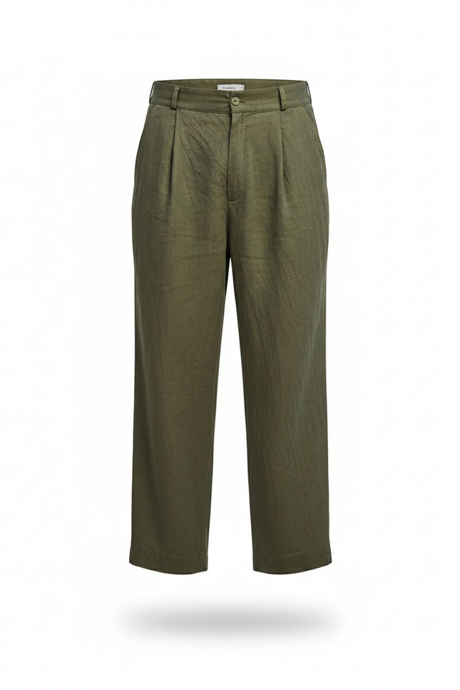 Pantalon En Lin Vert Militaire Ample Plissé Décontracté Homme - Kaki - vue 3