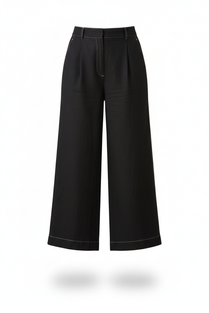 Pantalon En Lin Noir Ample Décontracté Cropped Chic - vue 3