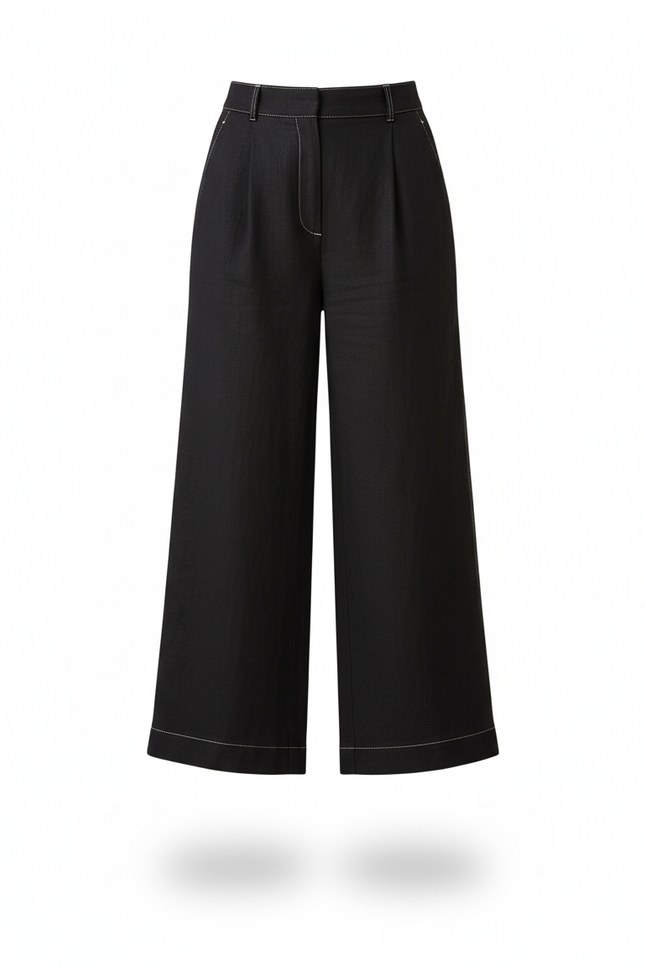 Pantalon En Lin Noir Ample Décontracté Cropped Chic - vue 3