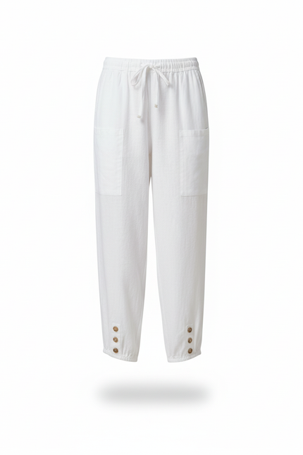 Pantalon En Lin Blanc Ample Boutonné Décontracté Femme - vue 3