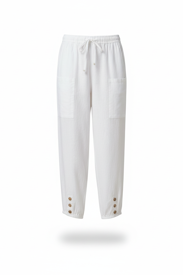 Pantalon En Lin Blanc Ample Boutonné Décontracté Femme - vue 3