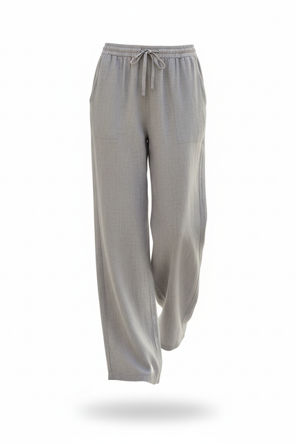 Pantalon En Lin Gris Ample Décontracté Cordon Femme - vue 3