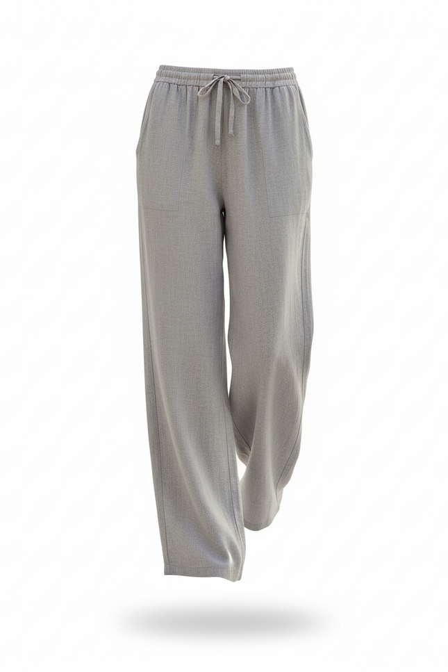 Pantalon En Lin Gris Ample Décontracté Cordon Femme - vue 3