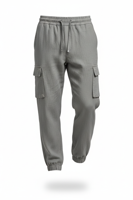 Pantalon En Lin Gris Cargo Cordon Décontracté Homme - vue 3
