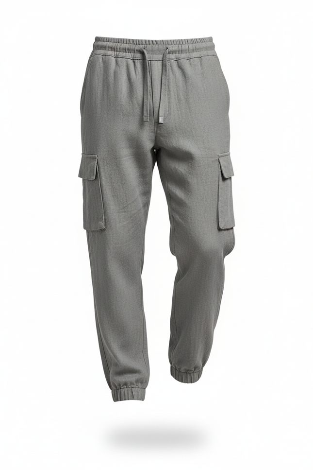 Pantalon En Lin Gris Cargo Cordon Décontracté Homme - vue 3