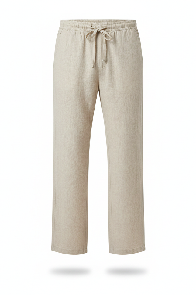 Pantalon En Lin Beige Ample Cordon Homme Décontracté - vue 3