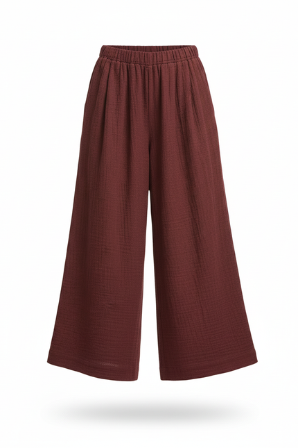 Pantalon En Lin Ample Marron Fluide Confortable Fille - Bordeaux - vue 3