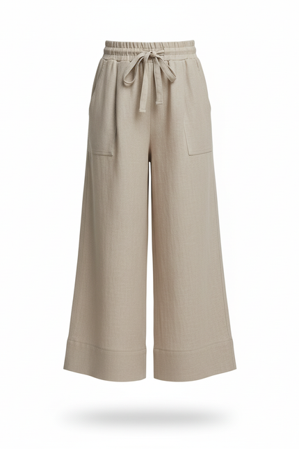 Pantalon En Lin Ample Beige Taille Élastique Fille - vue 3