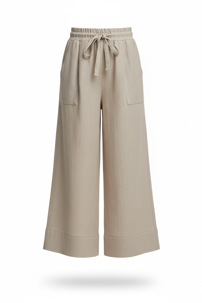 Pantalon En Lin Ample Beige Taille Élastique Fille - vue 3
