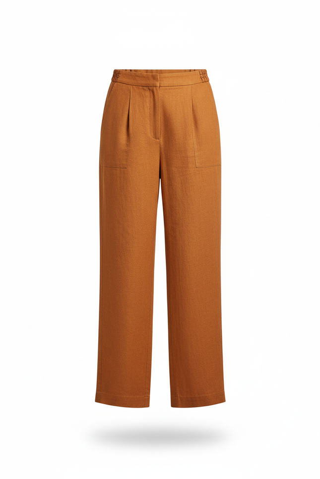 Pantalon En Lin Ample Marron Taille Haute Fluide - vue 3