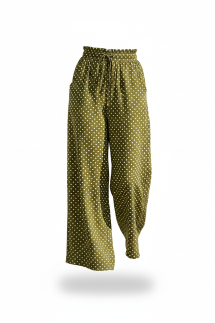 Pantalon En Lin Vert À Pois Ample Fluide Taille Haute - Kaki - vue 3