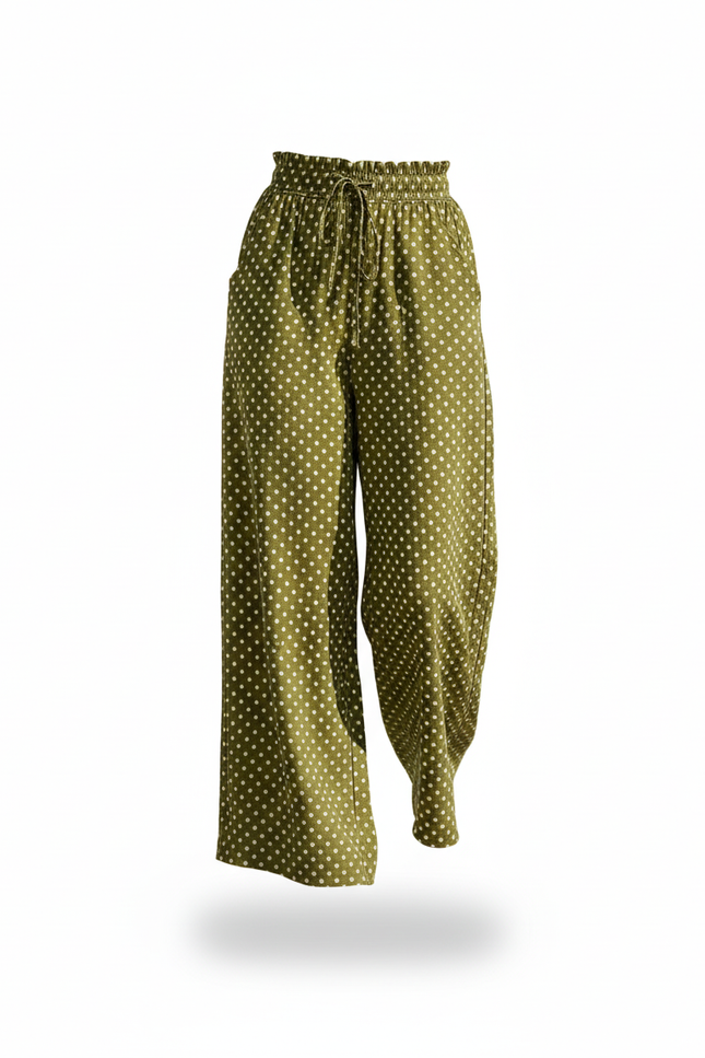Pantalon En Lin Vert À Pois Ample Fluide Taille Haute - Kaki - vue 3