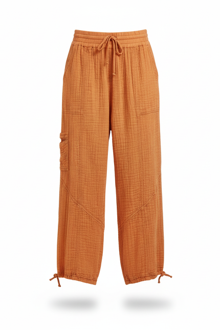 Pantalon En Lin Ample Orange Cordon Décontracté - vue 3