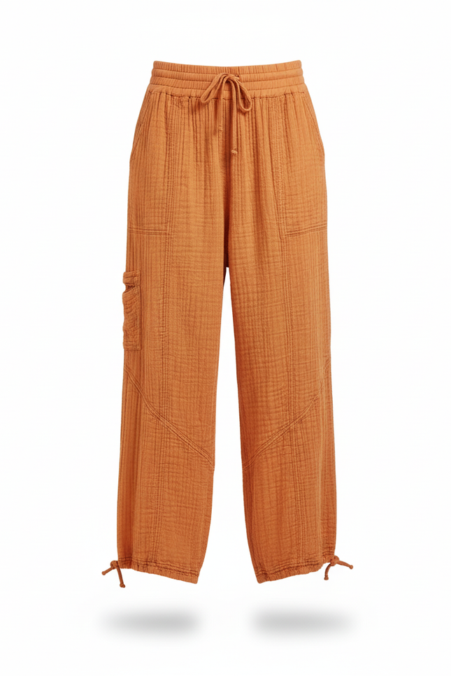 Pantalon En Lin Ample Orange Cordon Décontracté - vue 3
