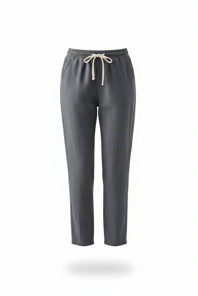Pantalon En Lin Gris Cordon Décontracté Femme - vue 3