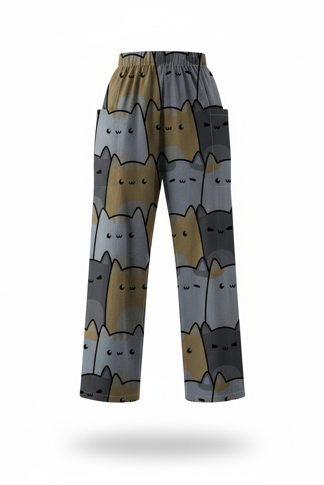 Pantalon En Lin Imprimé Chats Ample Décontracté Fluide - vue 3