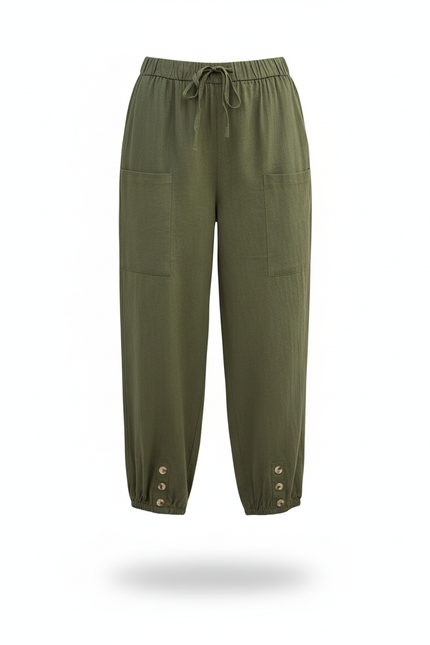 Pantalon En Lin Vert Ample Taille Haute Boutonné - Kaki - vue 3