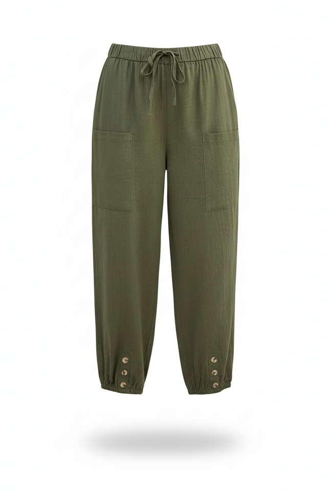 Pantalon En Lin Vert Ample Taille Haute Boutonné - Kaki - vue 3