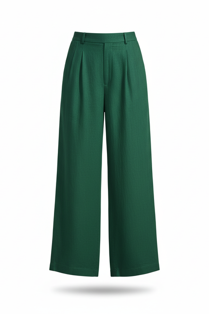 Pantalon En Lin Vert Ample Plissé Décontracté - vue 3
