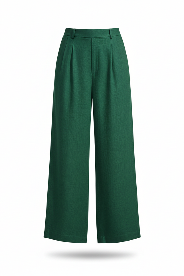 Pantalon En Lin Vert Ample Plissé Décontracté - vue 3