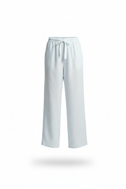 Pantalon En Lin Carreaux Bleus Ample Décontracté - vue 3