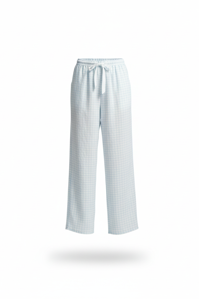 Pantalon En Lin Carreaux Bleus Ample Décontracté - vue 3