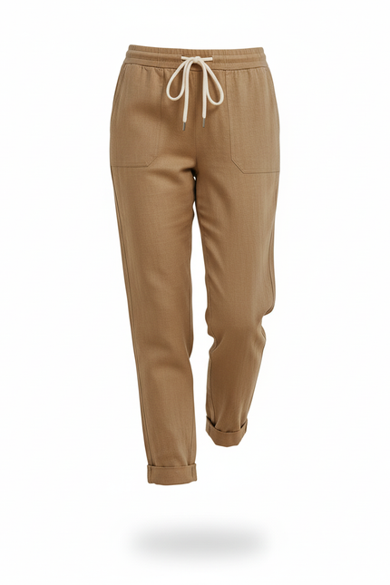 Pantalon En Lin Kaki Fuselé Cordon Décontracté Femme - vue 3