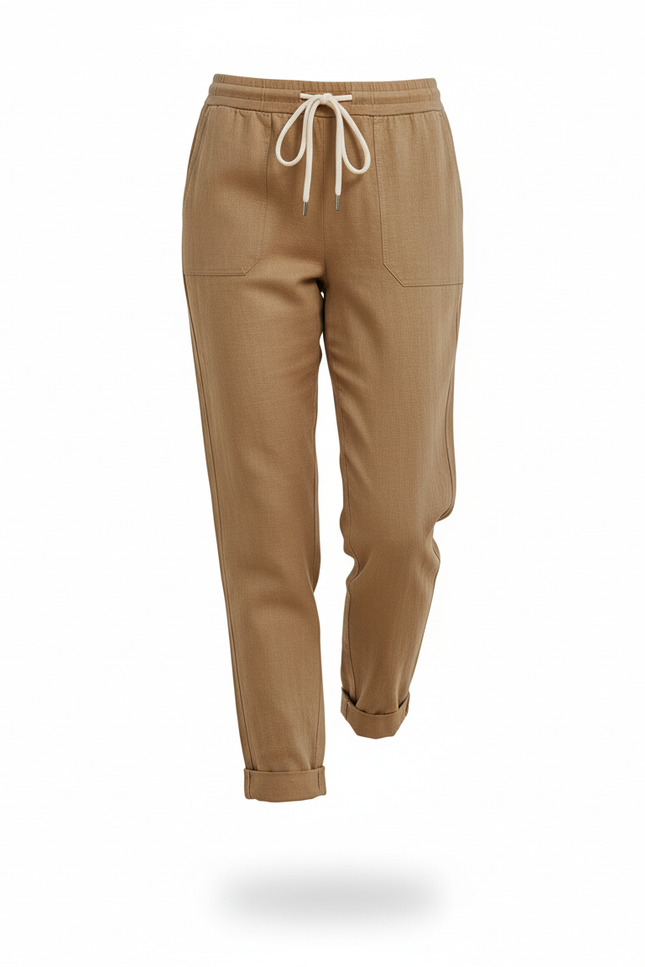Pantalon En Lin Kaki Fuselé Cordon Décontracté Femme - vue 3