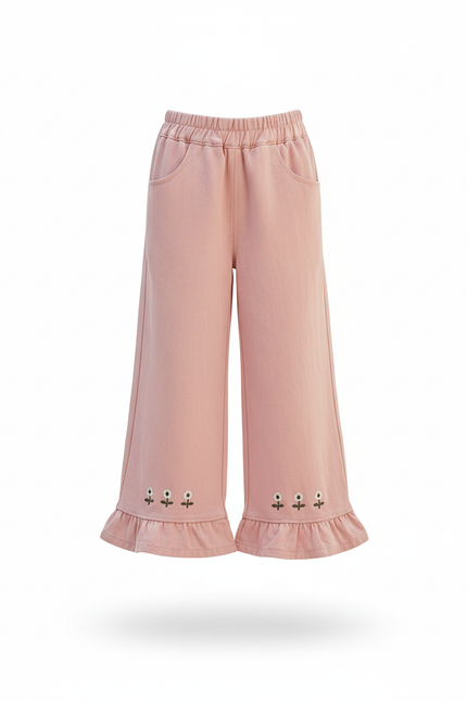Pantalon En Lin Rose Volants Brodés Ample Fille - Molleton - vue 3