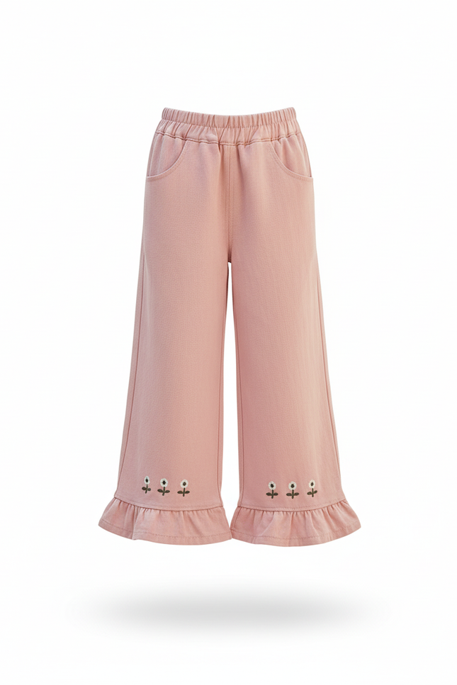 Pantalon En Lin Rose Volants Brodés Ample Fille - Molleton - vue 3