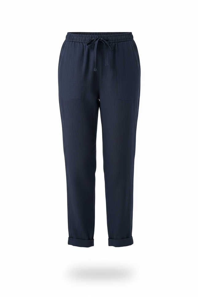 Pantalon En Lin Marine Ample Cordon Décontracté Léger - vue 3