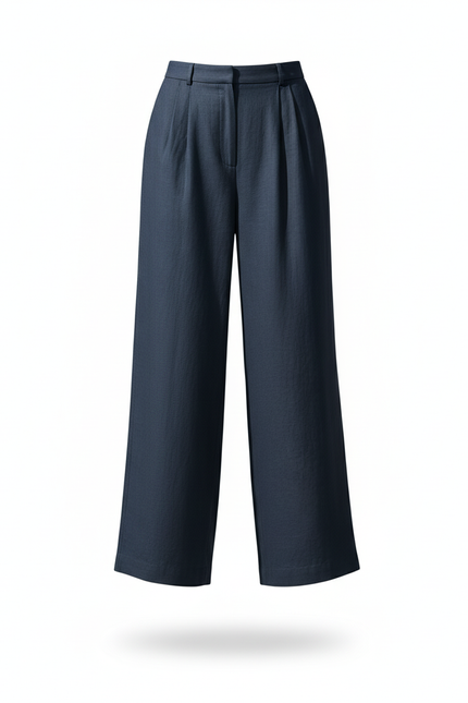 Pantalon En Lin Bleu Marine Ample Plissé Fluide - vue 3