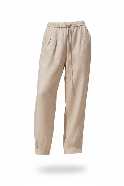 Pantalon En Lin Beige Ample Taille Élastique Décontracté Fluide - vue 3
