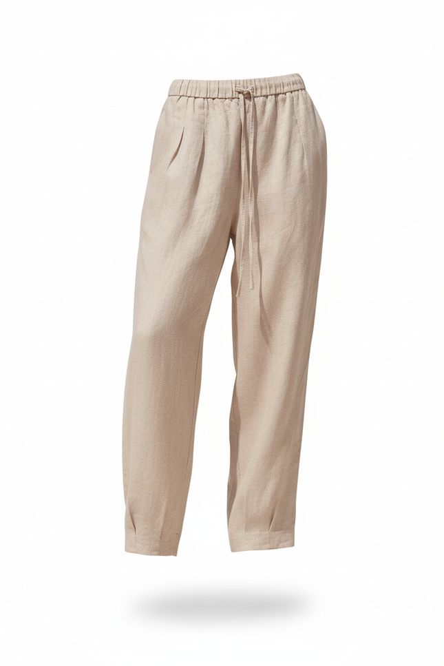 Pantalon En Lin Beige Ample Taille Élastique Décontracté Fluide - vue 3