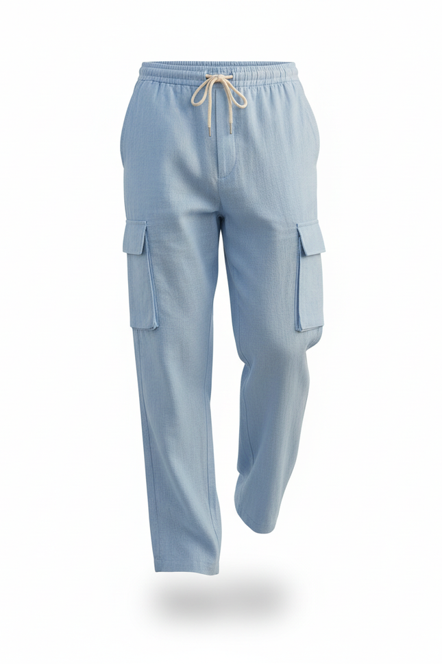 Pantalon En Lin Bleu Cargo Ample Décontracté Léger - vue 3