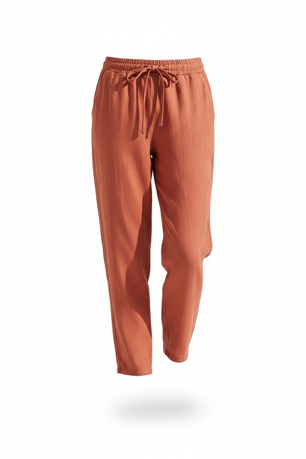 Pantalon En Lin Ample Cordon Taille Élastique Confortable - Orange - vue 3