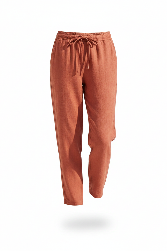 Pantalon En Lin Ample Cordon Taille Élastique Confortable - Orange - vue 3