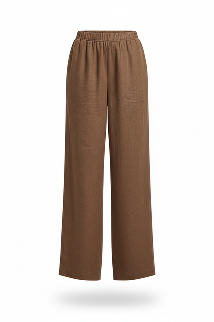 Pantalon En Lin Ample Marron Taille Élastique Fluide - vue 3