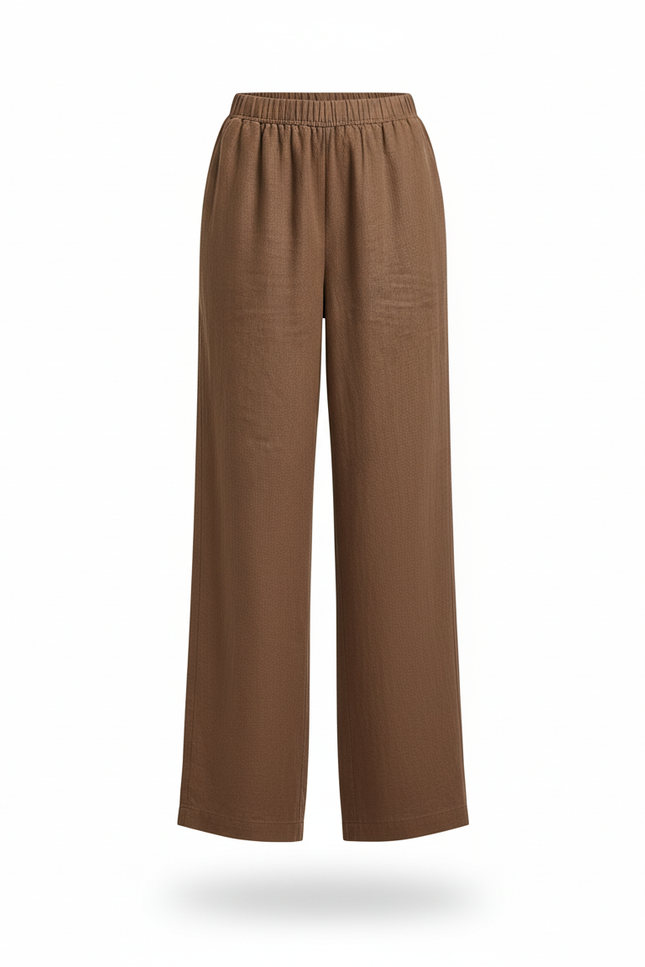 Pantalon En Lin Ample Marron Taille Élastique Fluide - vue 3