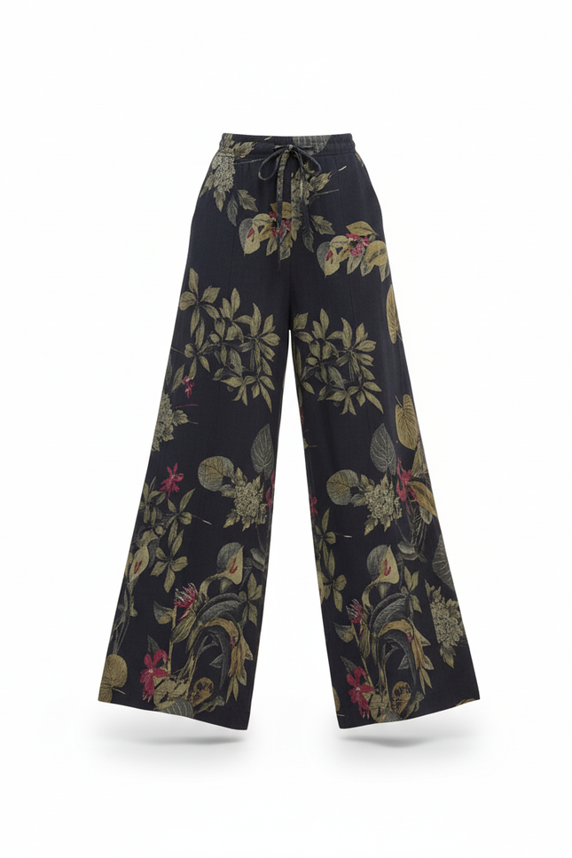 Pantalon En Lin Noir Imprimé Floral Ample Fluide - vue 3