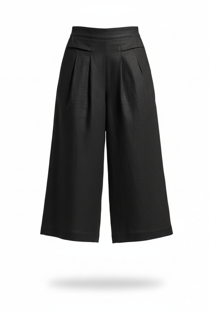 Pantalon En Lin Noir Ample Plissé Élégant Femme - vue 3