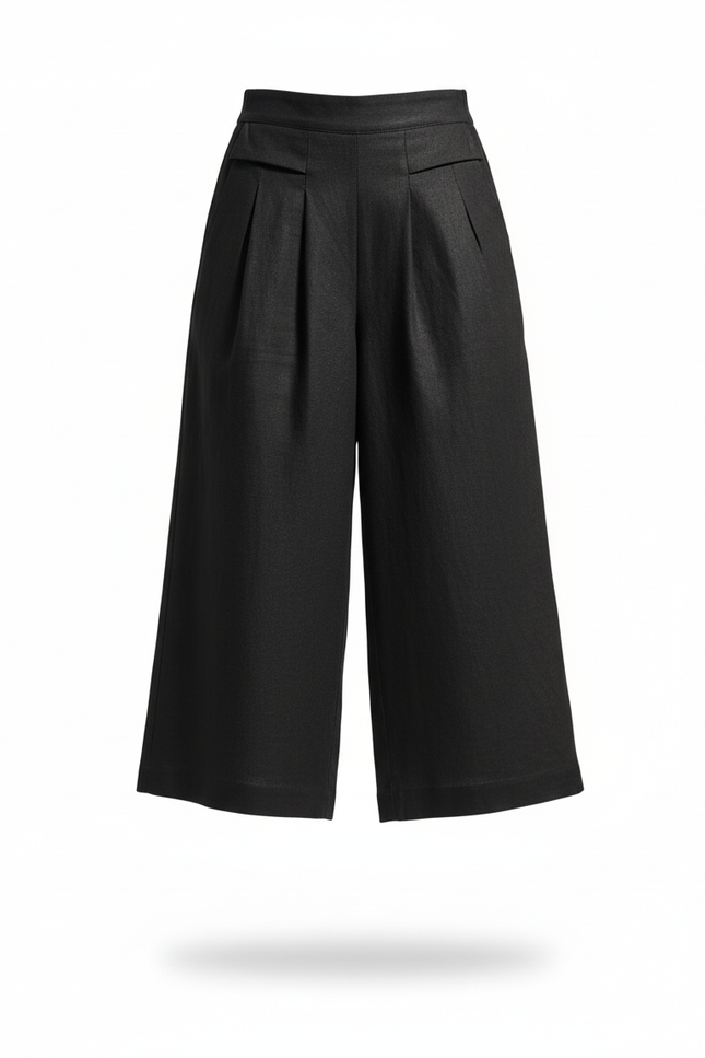Pantalon En Lin Noir Ample Plissé Élégant Femme - vue 3