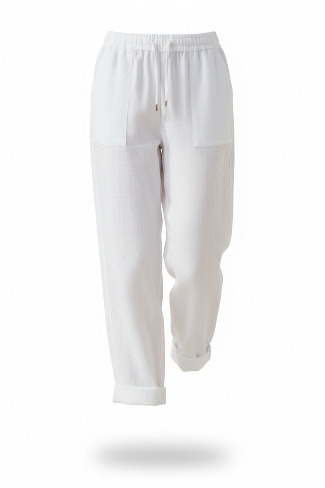 Pantalon En Lin Blanc Ample Cordon Femme Décontracté - vue 3