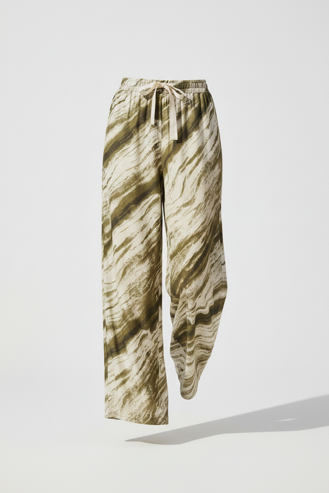 Pantalon En Lin Imprimé Vert Ample Fluide Estival - vue 3