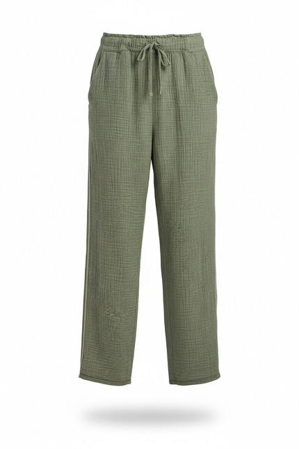 Pantalon En Lin Vert Ample Cordon Décontracté Zippé - Kaki - vue 3